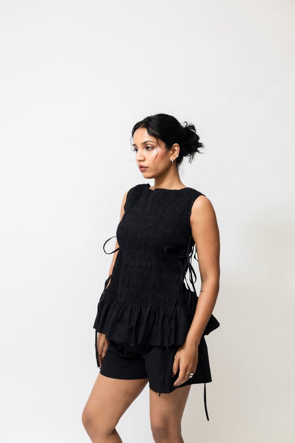 Black Ruched Cotton Peplum Top with Side Tie-Ups — Shop Staple