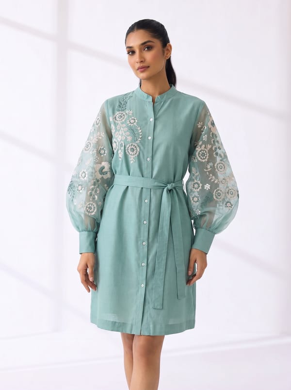 Sea Blue Linen Shirt Dress with Sheer Embroidered Sleeves — RUCHIKA MALLIKA LABEL