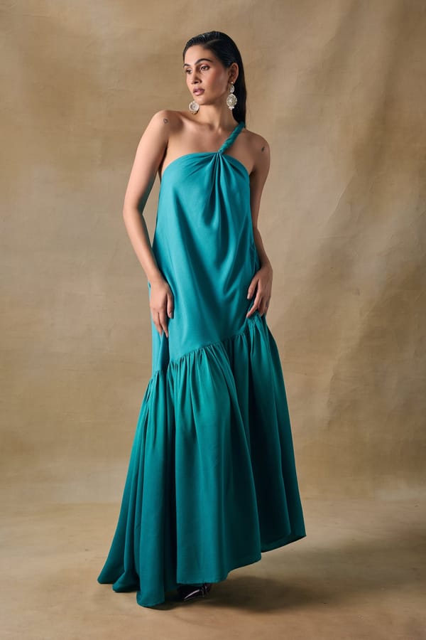 Teal Green Ombre One-Shoulder Maxi Dress with Ruffle Tier — Pocketful Of Cherrie