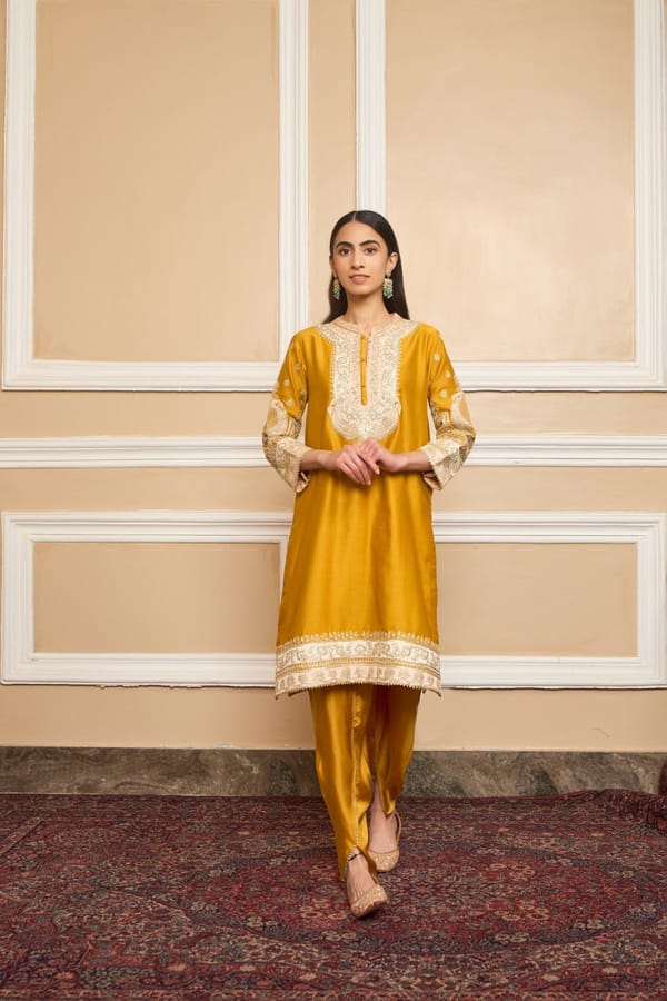 Glaze Mustard Embroidered Straight Kurta Set with Dhoti — Sheetal Batra