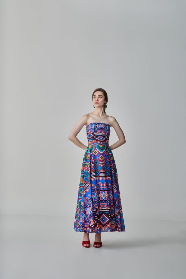 Blue/Multi Strapless Fit and Flare Maxi Dress — Saaksha and Kinni