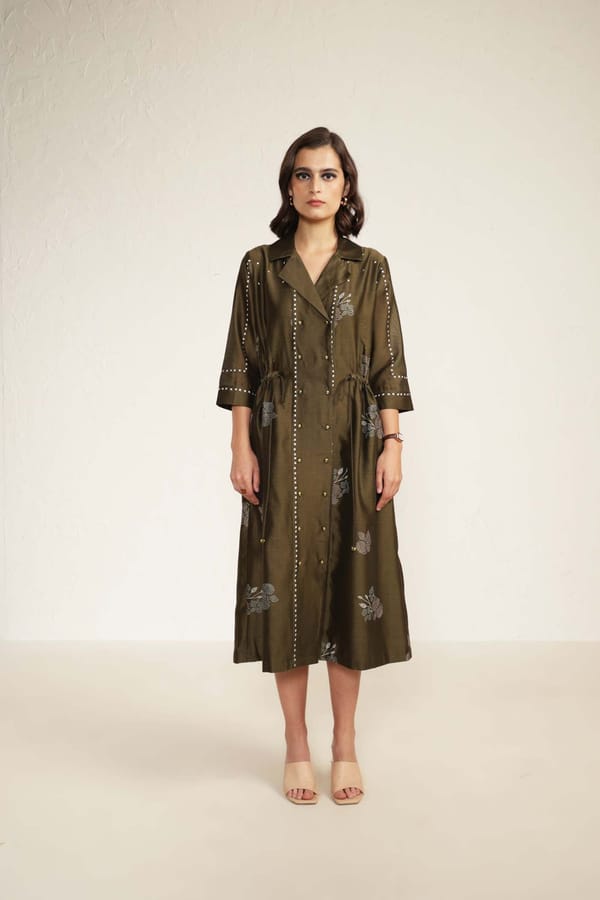 Olive Printed Silk Chanderi Midi Shirt Dress — Arcvsh Pallavi Singh