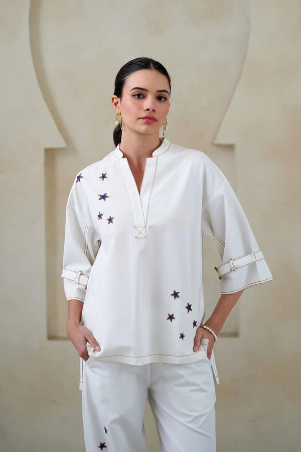 White Cotton Star Embroidered Mandarin Collar Top — STITCH STORIES