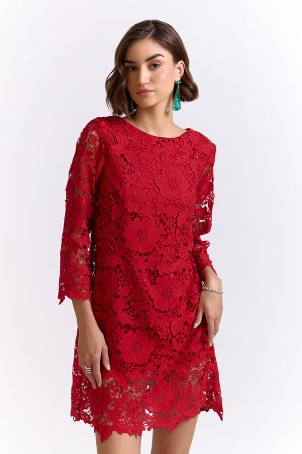 Red Lace Boat Neck Mini Dress — AVERIE