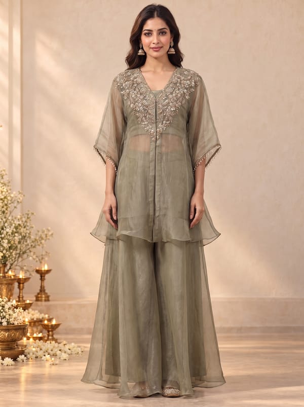 Embroidered Dabka & Thred Work Set In Green — LAAVAN JAIPUR