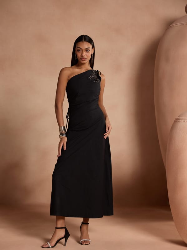 Black One-Shoulder Ruched Waist Maxi Dress — Style Island