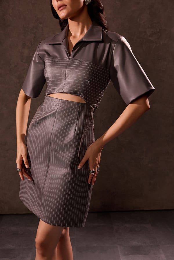 Grey Faux Leather Cut-Out Mini Dress with Stitch Detail — Tara & I