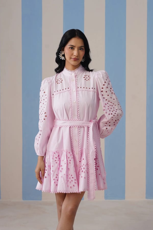 Blush Pink Cotton Cutwork Puff Sleeve Mini Dress — STITCH STORIES