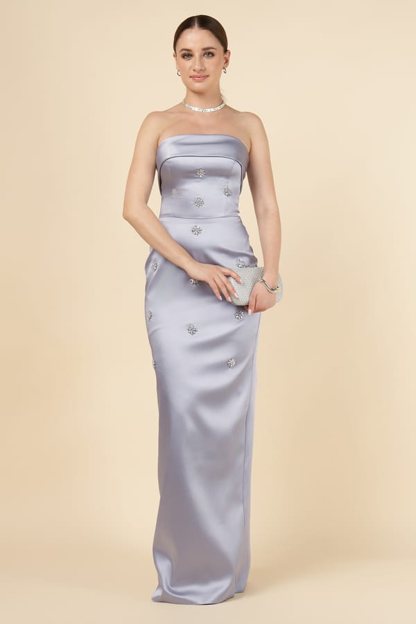 Silver/Purple Strapless Embellished Maxi Gown — NAZELLA