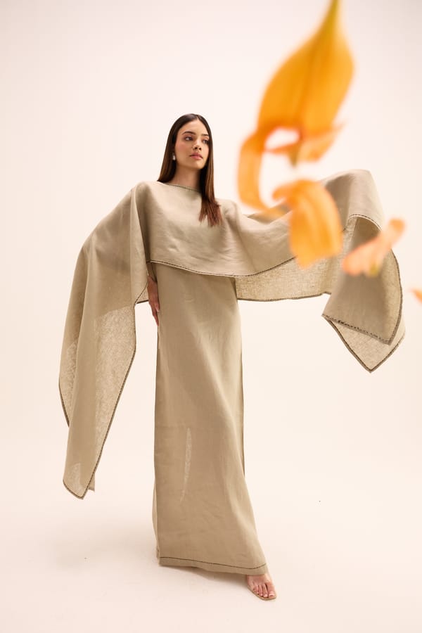 Sand Linen Maxi Column Dress and Cape Set — Prink Tonic