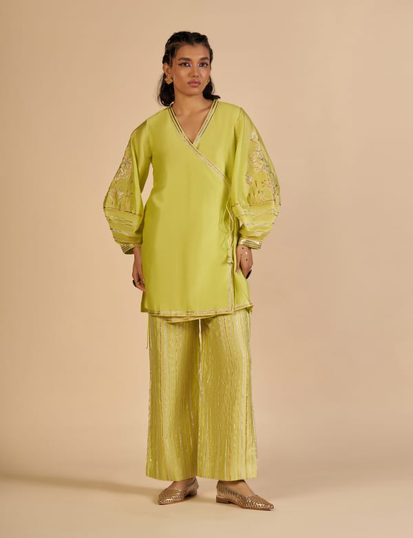 Lime Green Silk Chanderi Wrap Kurta with Lantern Sleeves — Gulabo by Abu Sandeep