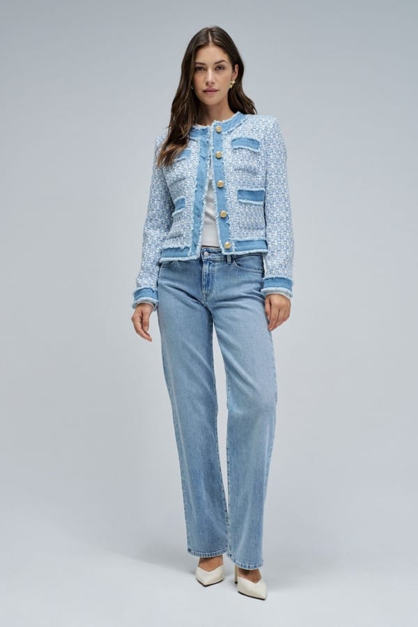 Blue Tweed-Textured Cropped Jacket with Gold Buttons — SALSA JEANS
