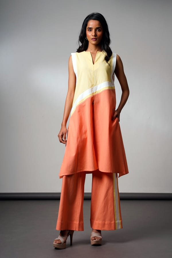 Handloom Cotton Colorblock Tunic and Wide-Leg Co-ord Set — Madder Much