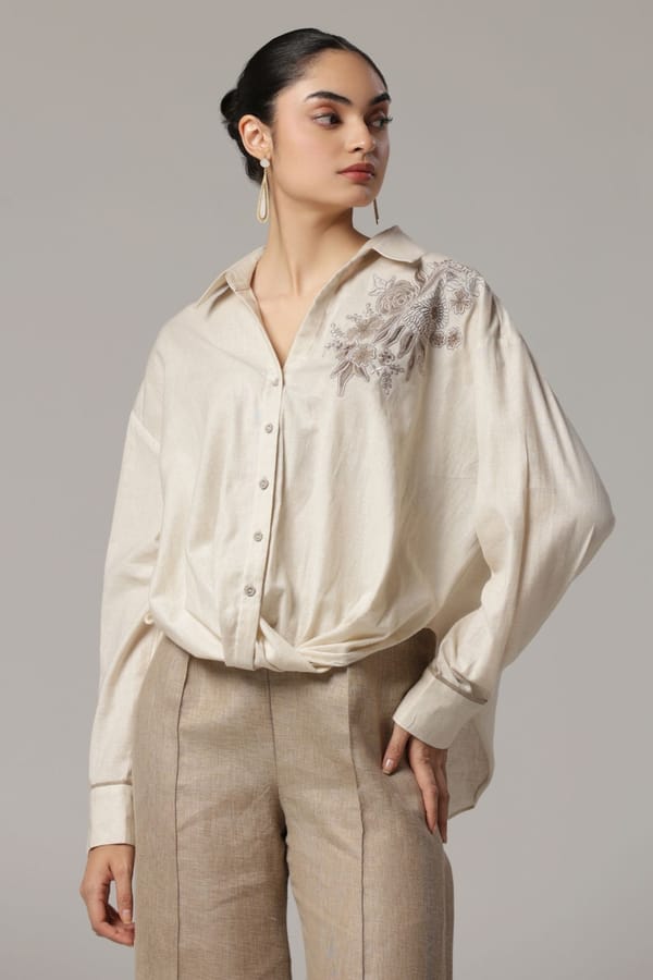 Beige Floral Embroidered Relaxed Fit Shirt — Truly SMA