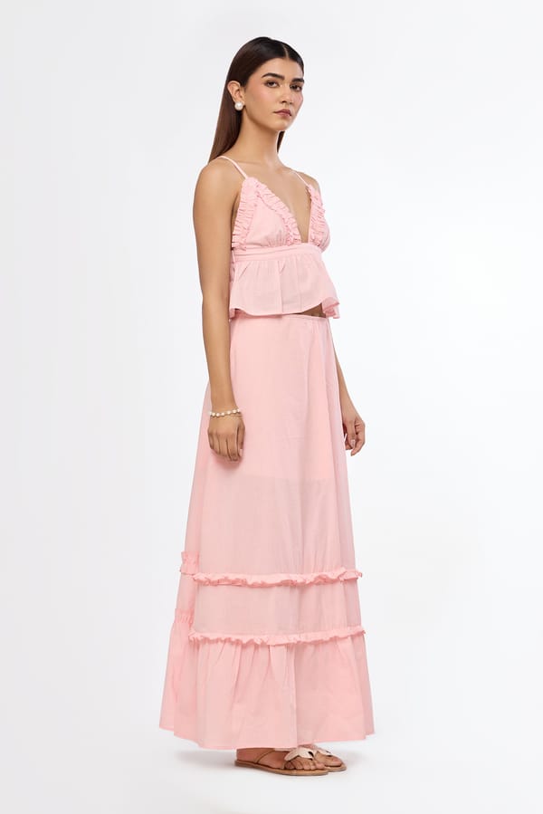 Soft Pink High-Waist Ruffle Tiered Maxi Skirt — The Clothing Factory