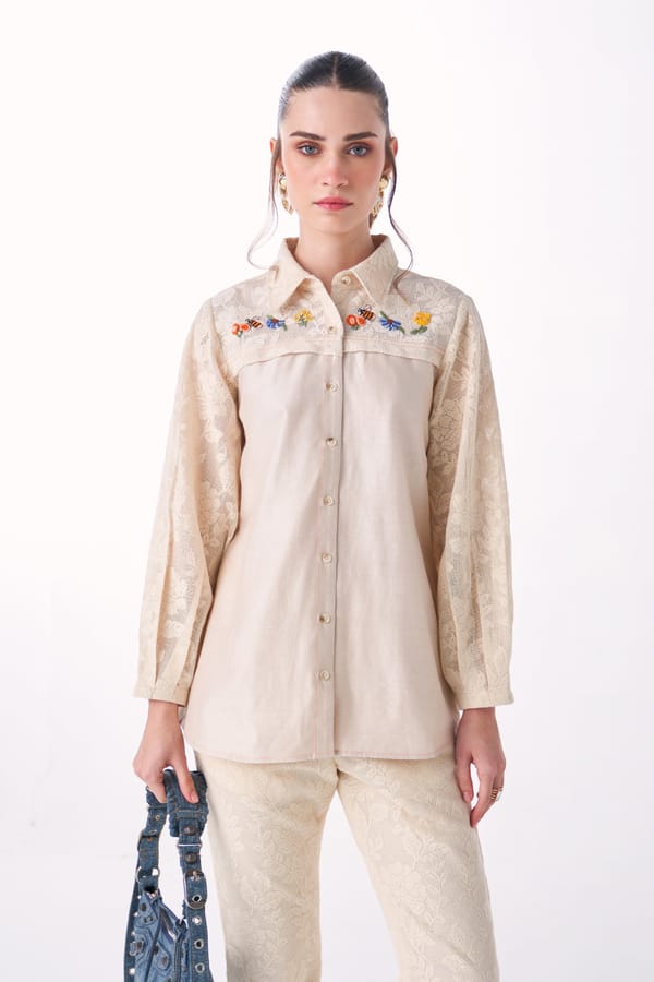 Ivory Chanderi Shirt with Lace Yoke and Full Sleeves — Our Love