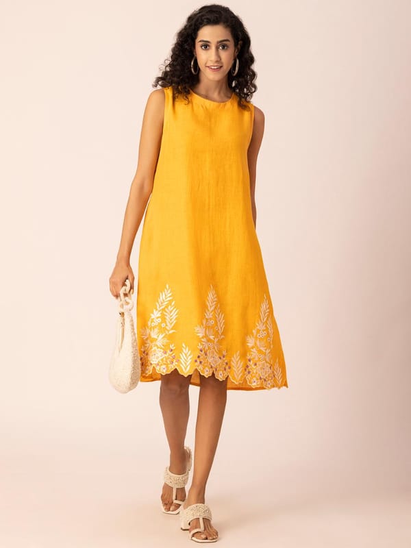 Yellow Embroidered Hemp Sheath Dress — EWOKE STUDIO