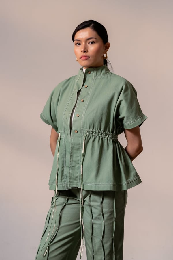Fern Green Denim Mandarin Collar Drawstring Waist Top — ALTER NATIVE