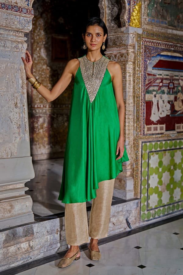 Fern Green Gota Bib Longline Top and Beige Pant Co-ord — Dash and Dot