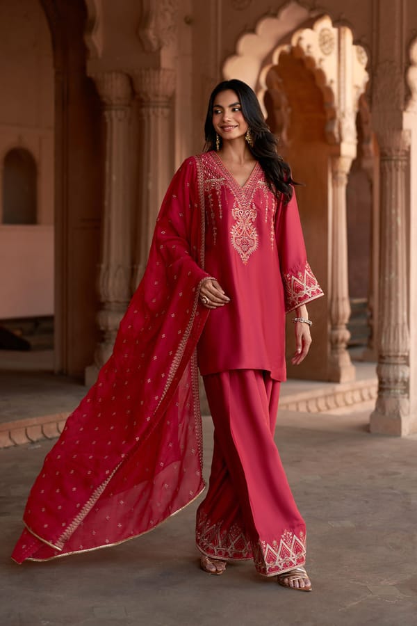 Jashn Rani Pink Orange Zari Farshi Set — INCHING INDIA
