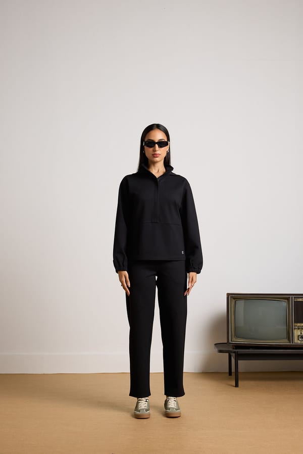 Black Hooded High-Neck Zip Co-ord Set with Straight Pants — Muvazo