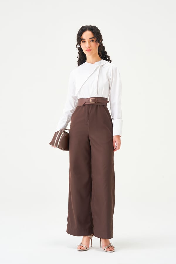 White and Brown Colorblocked Belted Wide-Leg Jumpsuit — NOTEBOOK