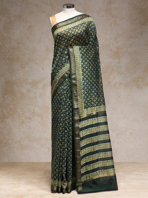 Olive Green Handblock Printed Abstract Dotted — BINKS