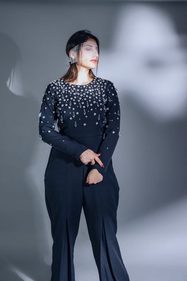 Blue Crystal-Embellished Wide-Leg Jumpsuit — Darling Girl