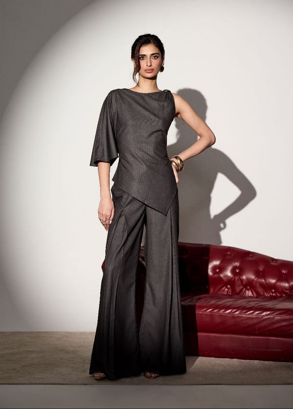 Vionne Grey Draped Asymmetric Top — Lea Clothing