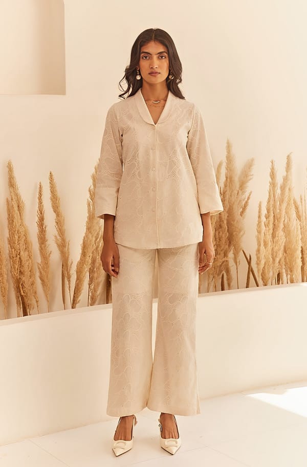 Cream Cotton Cutwork Co-ord Set with Wide-Leg Pants — INCHING INDIA