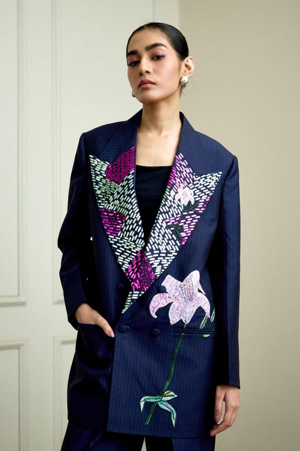 Navy Tailored Blazer with Hand-Painted Lily Applique — THE FINICKY COLORIST