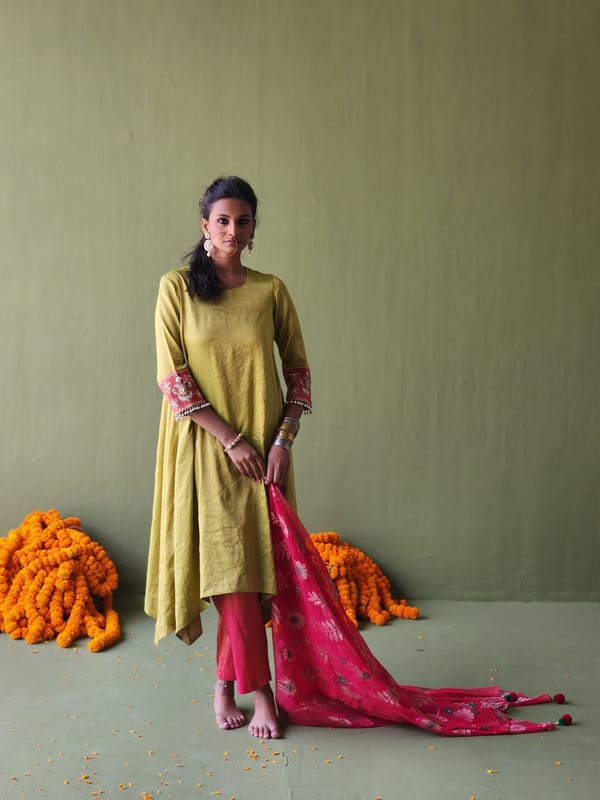 Green Silk Kurta Set with Embroidered Cuffs and Dupatta — Pooja Singhal