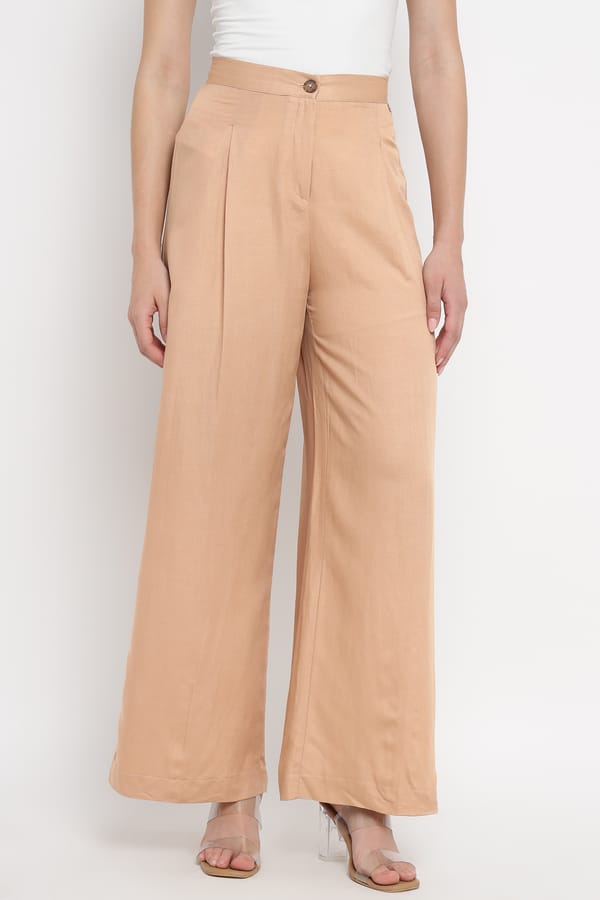 Beige High-Waist Wide-Leg Pleated Trousers — Diana Gallesi