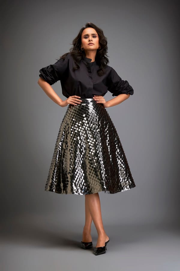 Gun Metal Coloured Metallic 3-D Textured A-line Skirt — Deepika Arora