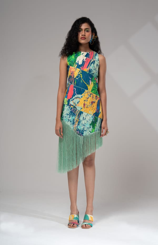 Multicolour Abstract Pleated Fringe Hem Mini Dress — ADVAIT