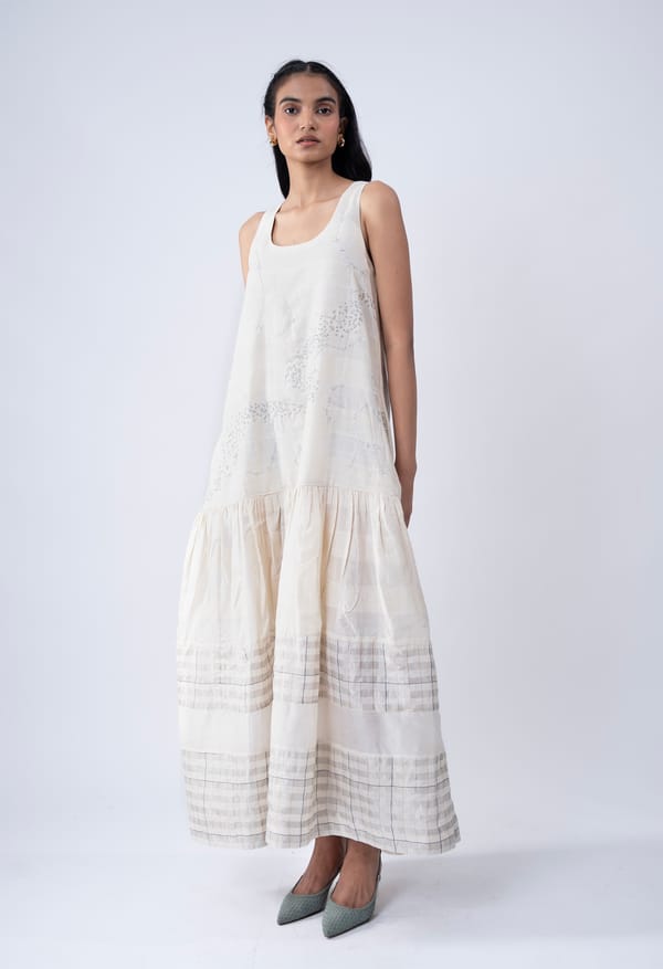 Drop Waist Hand Embroidered Silver Maxi Dress — Subtle Shuttle Studio