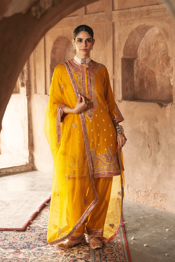 Mustard A-Line Kurta Set with Salwar and Organza Dupatta — Sheetal Batra