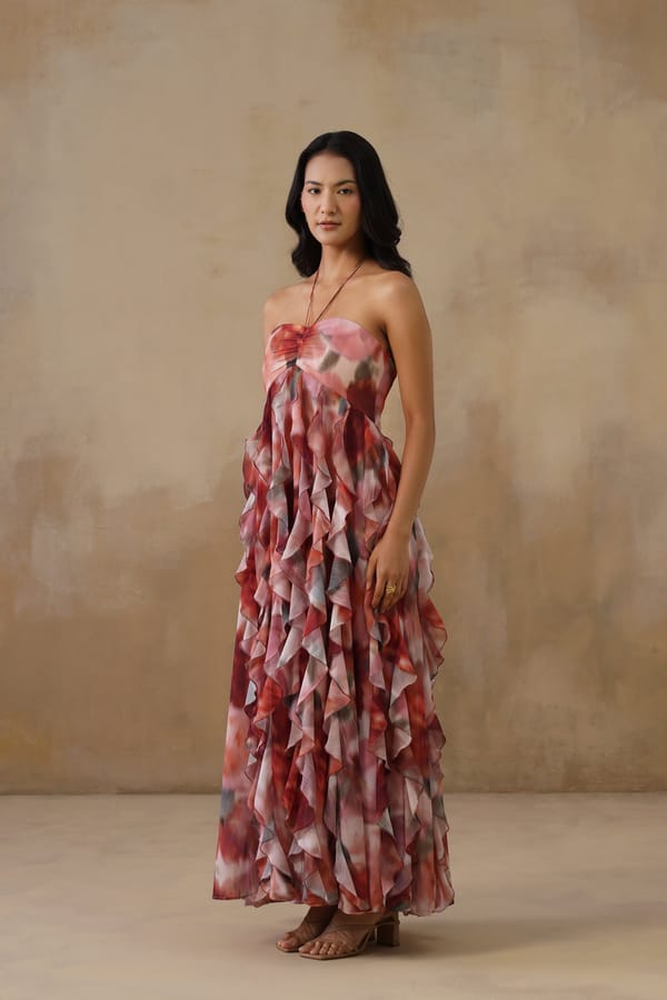 Multicolor Printed Chiffon Ruffle Tiered Maxi Gown — IERA