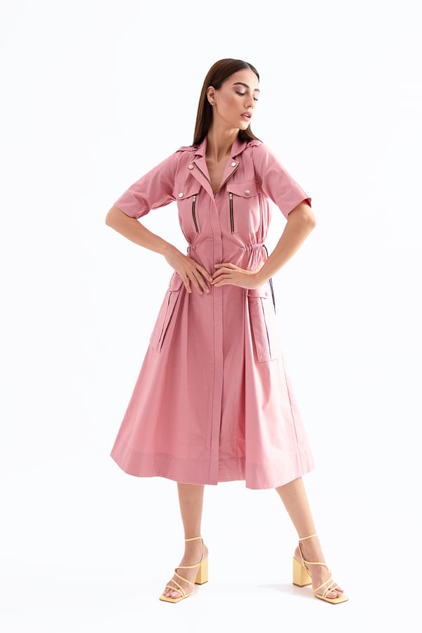 Pink Cotton Twill Utility Midi Shirt Dress — NOTEBOOK