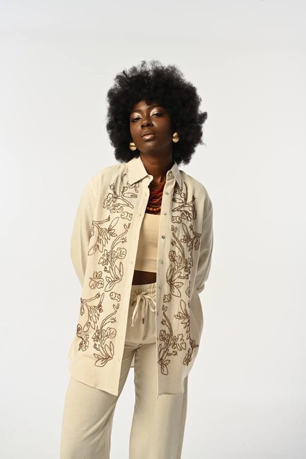 Cream Longline Embroidered Button-Down Shirt — THE LUXURY DRESSING
