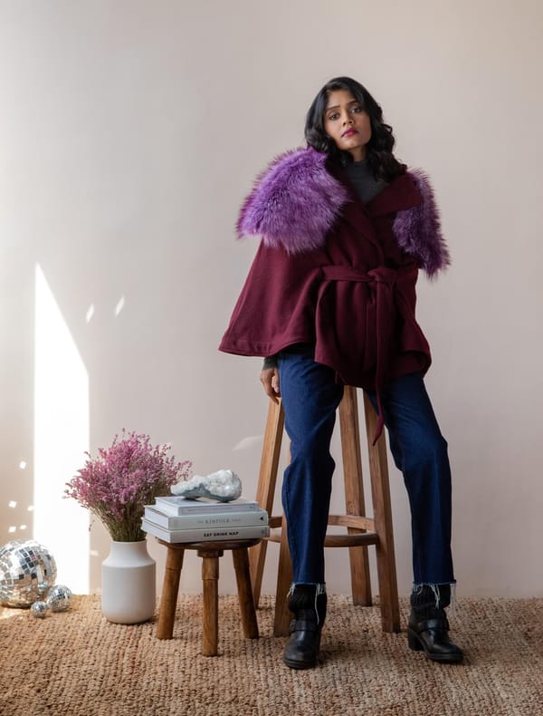 Plum Wool-Blend Cape Jacket with Faux-Fur Collar — Rhe-Ana