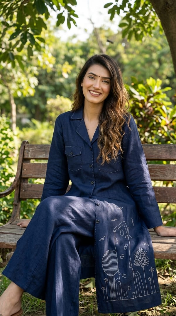Navy Linen Knee-Length Shirt Dress with Button Front — Linen Bloom