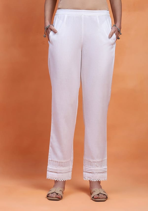 Solid Women'S Pintuck Pants With Lace — House Of Chikankari