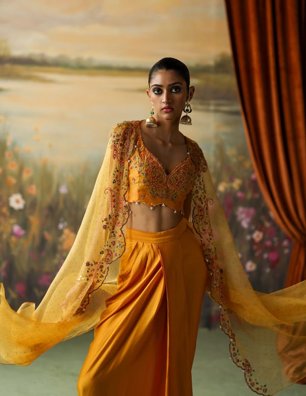 Turmeric Cape, Blouse and Draped Maxi Skirt Co-ord Set — Shikha Mehta