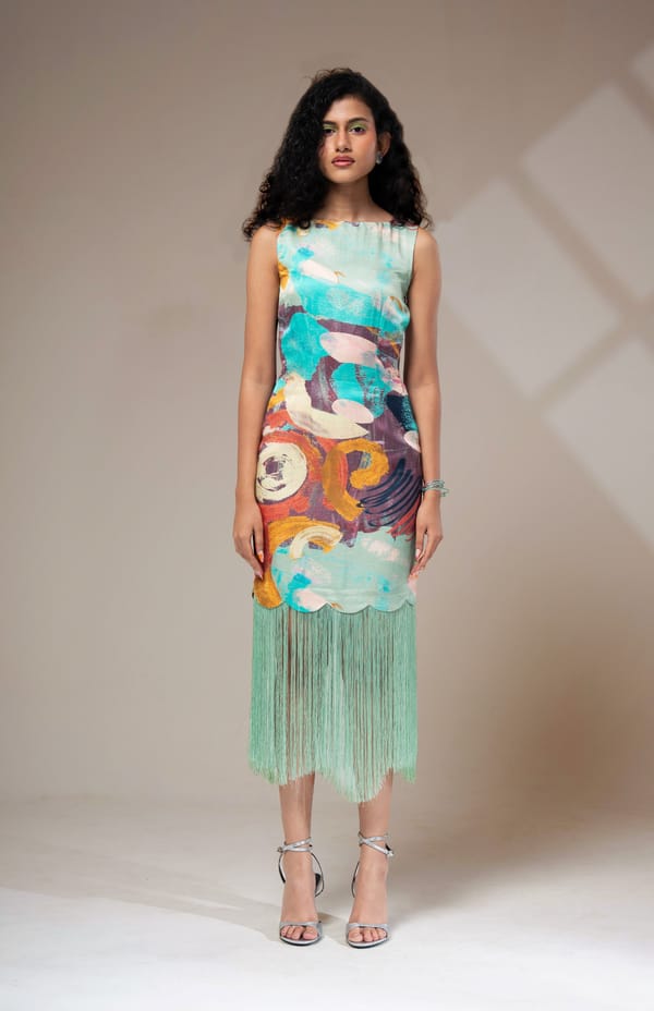 Multicolor Abstract Print Fringe Hem Satin Midi Dress — ADVAIT