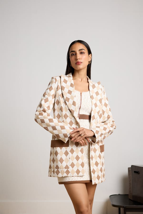 Brown Checked Longline Blazer with Contrast Pocket Panels — Muvazo