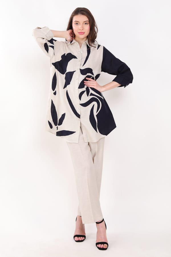 Beige and Navy Longline Linen Shirt with Leaf Print — Linen Bloom