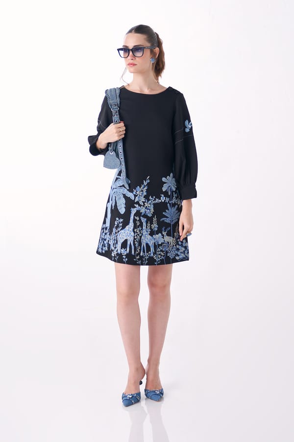 Black A-Line Dress with Blue Embroidered Hem — Our Love
