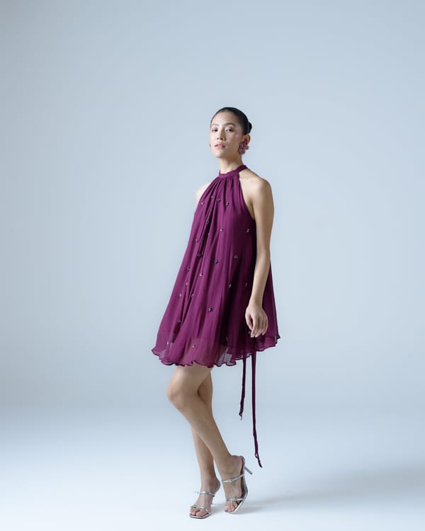 Violet Silk Chiffon Halter Neck Embellished Mini Dress — MAGIA