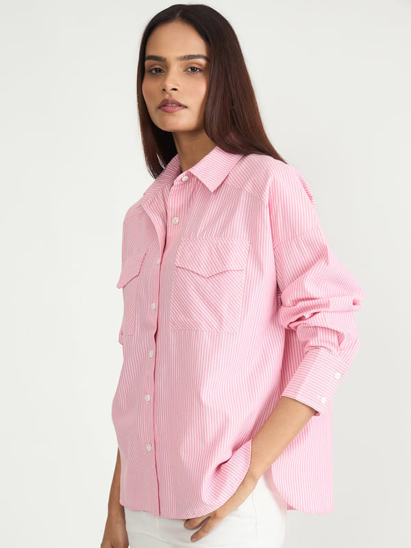 Pink Stripe Dual Pocket Oversized Shirt — Femmella